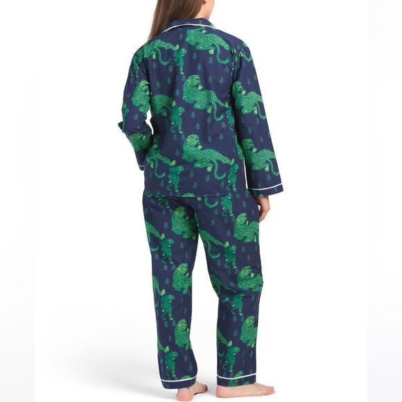 SAATVIK Navy Green Tiger Print Long Sleeve Notched Collar Long Pant PJ Set - Picture 2 of 2